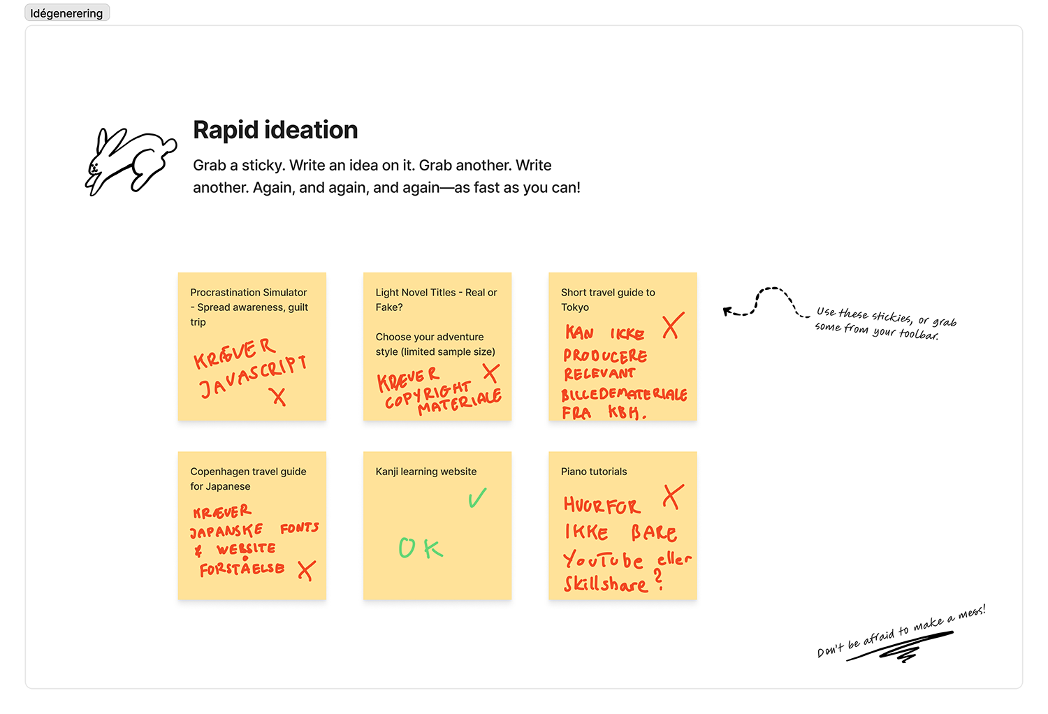 Billede af min rapid ideation og idéudvikling for mit prototype projekt.